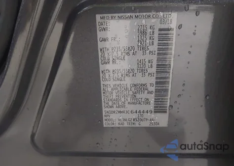 2018 Nissan Pathfinder Sl z USA, uszkodzony, nr VIN 5N1DR2MM4JC644449